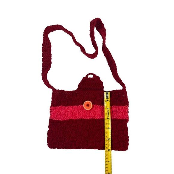 Handmade Crochet Knit Purse Set Red & Pink Yarn Button Shoulder Bag & Coin Pouch - Picture 10 of 11